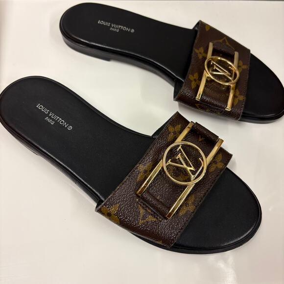 Louis Vuitton Sandals Lock It Flat Mule Sandals Monogram Brown Black Size 35.5 - Picture 2 of 10
